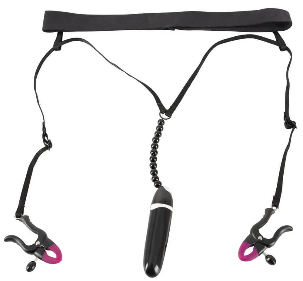 Bad Kitty - Crotchless Panties with Clamps and Vibrator - Black (S-L)