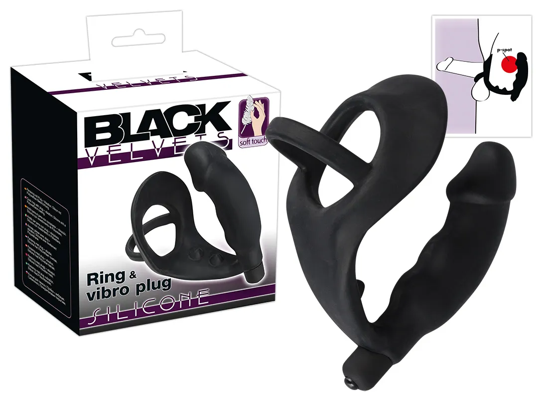 Black Velvet - Anal Vibrator with Penis and Testicle Ring (Black)