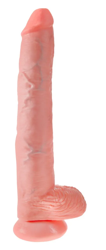 Dildo vo farbe kože v detailnom prevedení penisu so žaluďom, žilami a semenníkmi.