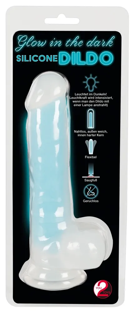 Glow in the Dark svietiace dildo so semenníkmi a prísavkou