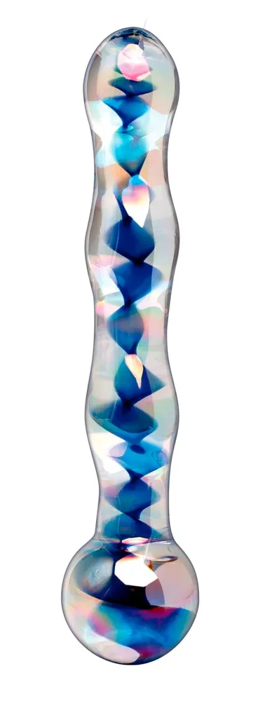 Obojstranné sklenené dildo s vlnitým povrchom Icicles No. 08 priehľadné-modré